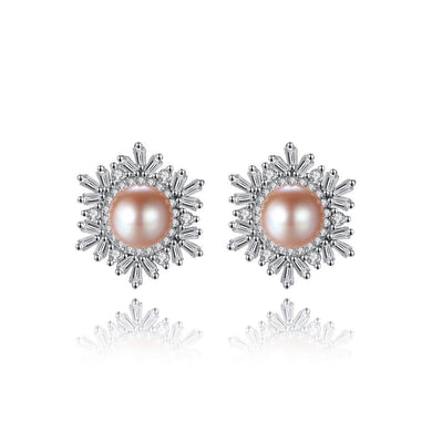925 Sterling Silver Bright and Elegant Snowflake Purple Freshwater Pearl Stud Earrings with Cubic Zirconia - Glamorousky