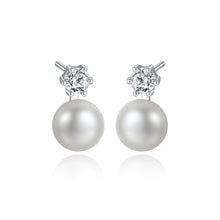 Load image into Gallery viewer, 925 Sterling Silver Simple Round White Freshwater Pearl Earrings with Cubic Zirconia