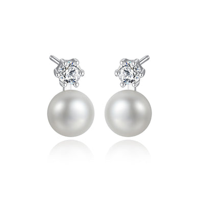 925 Sterling Silver Simple Round White Freshwater Pearl Earrings with Cubic Zirconia