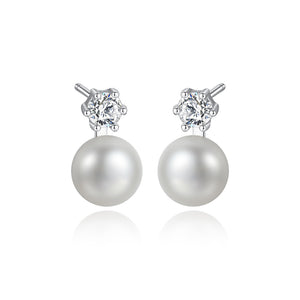 925 Sterling Silver Simple Round White Freshwater Pearl Earrings with Cubic Zirconia