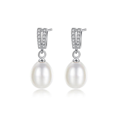 925 Sterling Silver Classic Simple White Freshwater Pearl Earrings with Cubic Zirconia - Glamorousky