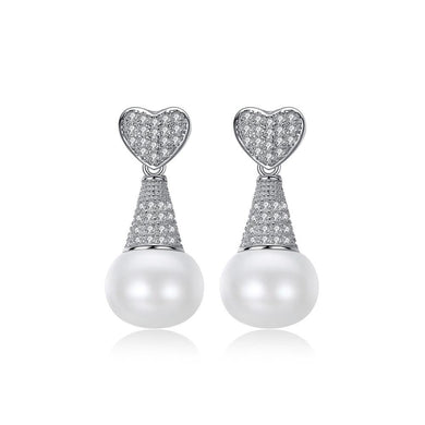 925 Sterling Silver Bright and Fashion Heart Earrings with White Freshwater Pearls and Cubic Zirconia - Glamorousky