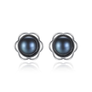 925 Sterling Silver Simple Elegant Flower Black Freshwater Pearl Stud Earrings