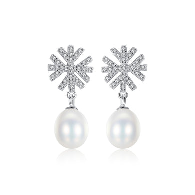 925 Sterling Silver Fashion and Elegant Snowflake White Freshwater Pearl Earrings with Cubic Zirconia