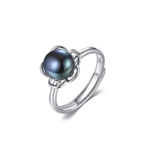 925 Sterling Silver Fashion Elegant Flower Black Freshwater Pearl Adjustable Open Ring