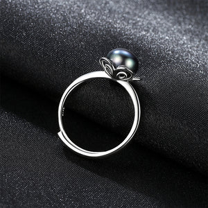 925 Sterling Silver Fashion Elegant Flower Black Freshwater Pearl Adjustable Open Ring