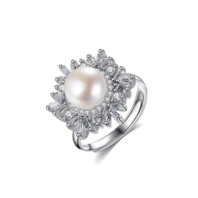 925 Sterling Silver Bright and Fashion Snowflake White Freshwater Pearl Adjustable Open Ring with Cubic Zirconia - Glamorousky