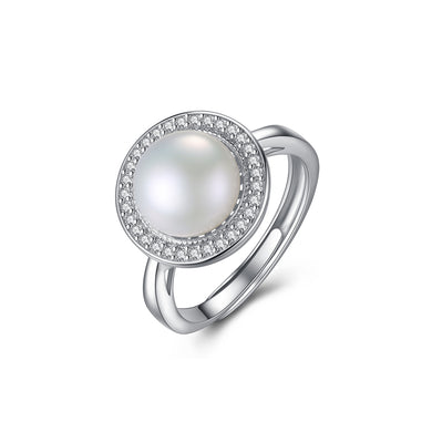 925 Sterling Silver Simple Fashion Geometric Round White Freshwater Pearl Adjustable Open Ring with Cubic Zirconia