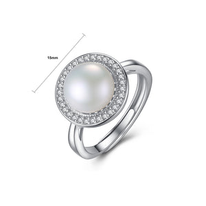 925 Sterling Silver Simple Fashion Geometric Round White Freshwater Pearl Adjustable Open Ring with Cubic Zirconia