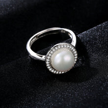 Load image into Gallery viewer, 925 Sterling Silver Simple Fashion Geometric Round White Freshwater Pearl Adjustable Open Ring with Cubic Zirconia