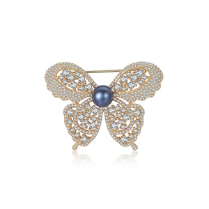 925 Sterling Silver Plated Gold Bright and Elegant Butterfly Black Freshwater Pearl Brooch with Cubic Zirconia