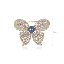 Load image into Gallery viewer, 925 Sterling Silver Plated Gold Bright and Elegant Butterfly Black Freshwater Pearl Brooch with Cubic Zirconia