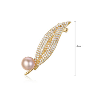925 Sterling Silver Plated Gold Fashion Elegant Leaves Pink Freshwater Pearl Brooch with Cubic Zirconia