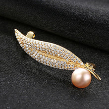 Load image into Gallery viewer, 925 Sterling Silver Plated Gold Fashion Elegant Leaves Pink Freshwater Pearl Brooch with Cubic Zirconia
