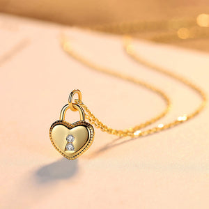 925 Sterling Silver Plated Gold Fashion Romantic Heart-shaped Lock Pendant with Cubic Zirconia and Necklace