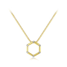 Load image into Gallery viewer, 925 Sterling Silver Plated Gold Simple Hollow Geometric Hexagon Pendant with Cubic Zirconia and Necklace