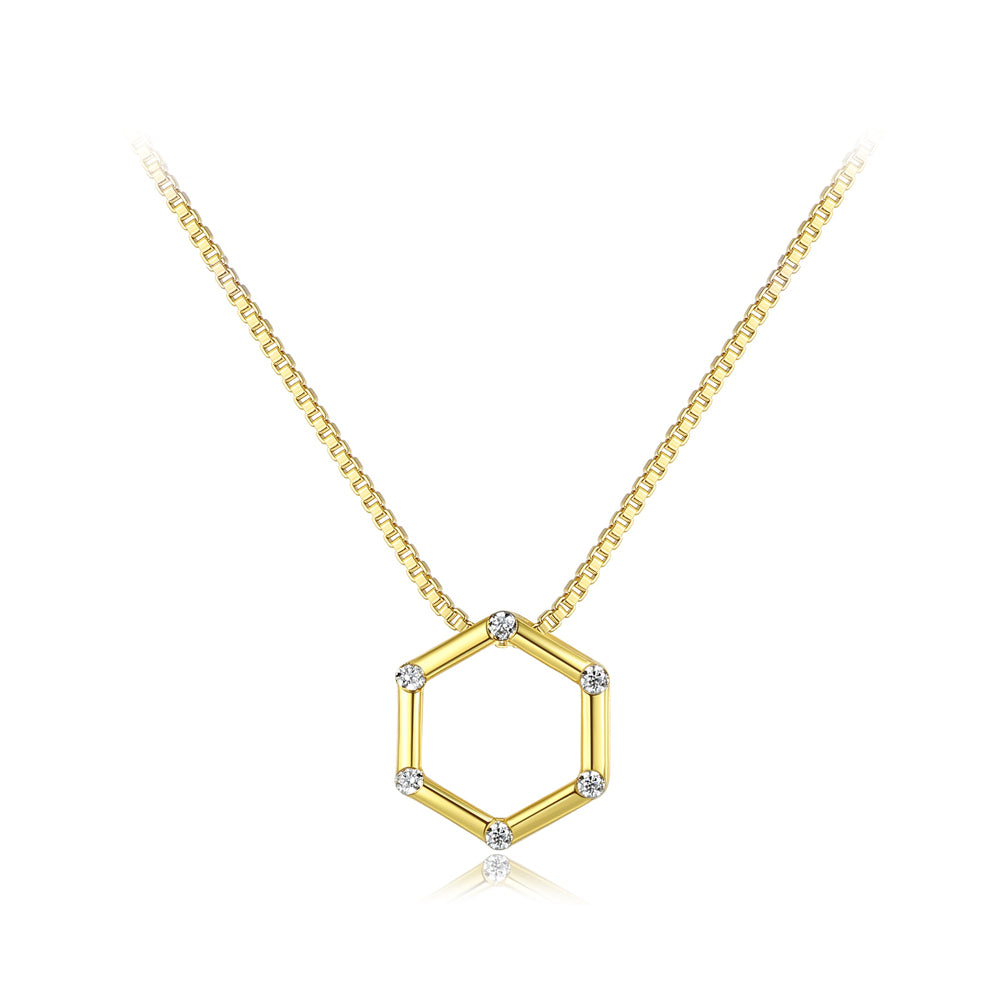 925 Sterling Silver Plated Gold Simple Hollow Geometric Hexagon Pendant with Cubic Zirconia and Necklace