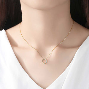 925 Sterling Silver Plated Gold Simple Hollow Geometric Hexagon Pendant with Cubic Zirconia and Necklace