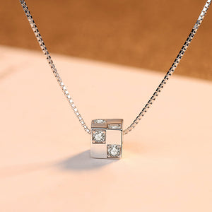 925 Sterling Silver Simple and Delicate Geometric Square Pendant with Cubic Zirconia and Necklace