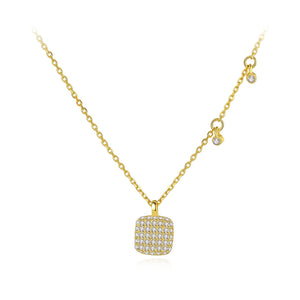 925 Sterling Silver Plated Gold Simple and Bright Geometric Square Pendant with Cubic Zirconia and Necklace