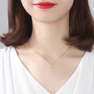 925 Sterling Silver Plated Gold Simple Fashion Geometric Round Pendant with Cubic Zirconia and Necklace