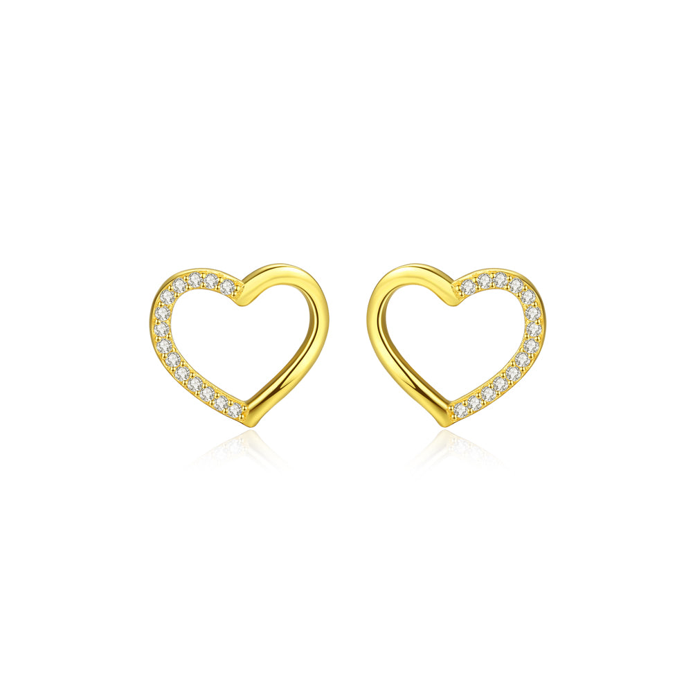 925 Sterling Silver Plated Gold Simple Romantic Hollow Heart Stud Earrings with Cubic Zirconia