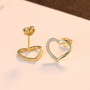 925 Sterling Silver Plated Gold Simple Romantic Hollow Heart Stud Earrings with Cubic Zirconia