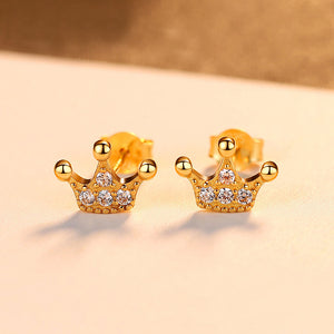 925 Sterling Silver Plated Gold Simple Creative Crown Stud Earrings with Cubic Zirconia
