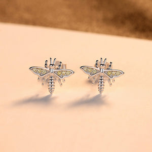 925 Sterling Silver Fashion Simple Dragonfly Stud Earrings with Yellow Cubic Zirconia