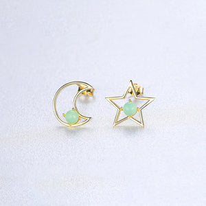 925 Sterling Silver Plated Gold Simple Fashion Star Moon Asymmetric Stud Earrings