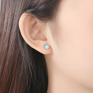 925 Sterling Silver Fashion Simple Geometric Round Turquoise Stud Earrings