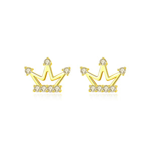 925 Sterling Silver Plated Gold Simple Fashion Crown Stud Earrings with Cubic Zirconia