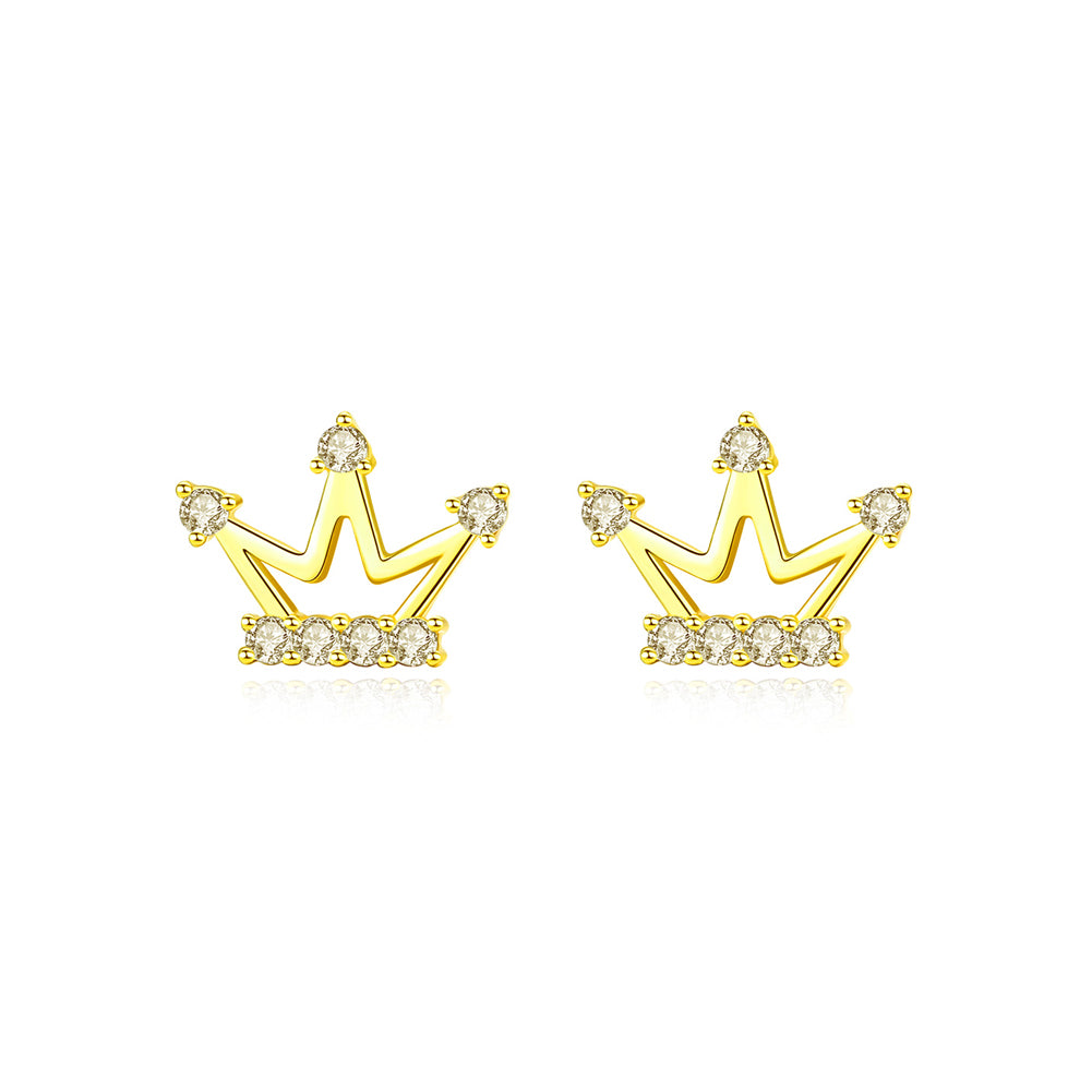 925 Sterling Silver Plated Gold Simple Fashion Crown Stud Earrings with Cubic Zirconia