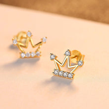 Load image into Gallery viewer, 925 Sterling Silver Plated Gold Simple Fashion Crown Stud Earrings with Cubic Zirconia