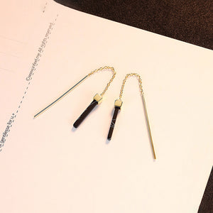 925 Sterling Silver Plated Gold Simple Elegant Geometric Rectangular Tassel Earrings