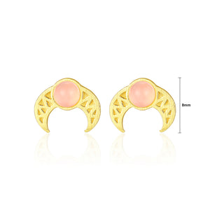925 Sterling Silver Plated Gold Simple Fashion Pattern Moon Stud Earrings with Pink Opal