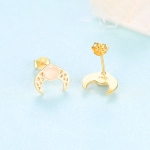 925 Sterling Silver Plated Gold Simple Fashion Pattern Moon Stud Earrings with Pink Opal