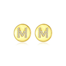 Load image into Gallery viewer, 925 Sterling Silver Plated Gold Fashion Simple English Alphabet M Geometric Round Stud Earrings with Cubic Zirconia