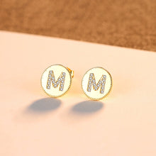 Load image into Gallery viewer, 925 Sterling Silver Plated Gold Fashion Simple English Alphabet M Geometric Round Stud Earrings with Cubic Zirconia