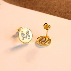 925 Sterling Silver Plated Gold Fashion Simple English Alphabet M Geometric Round Stud Earrings with Cubic Zirconia