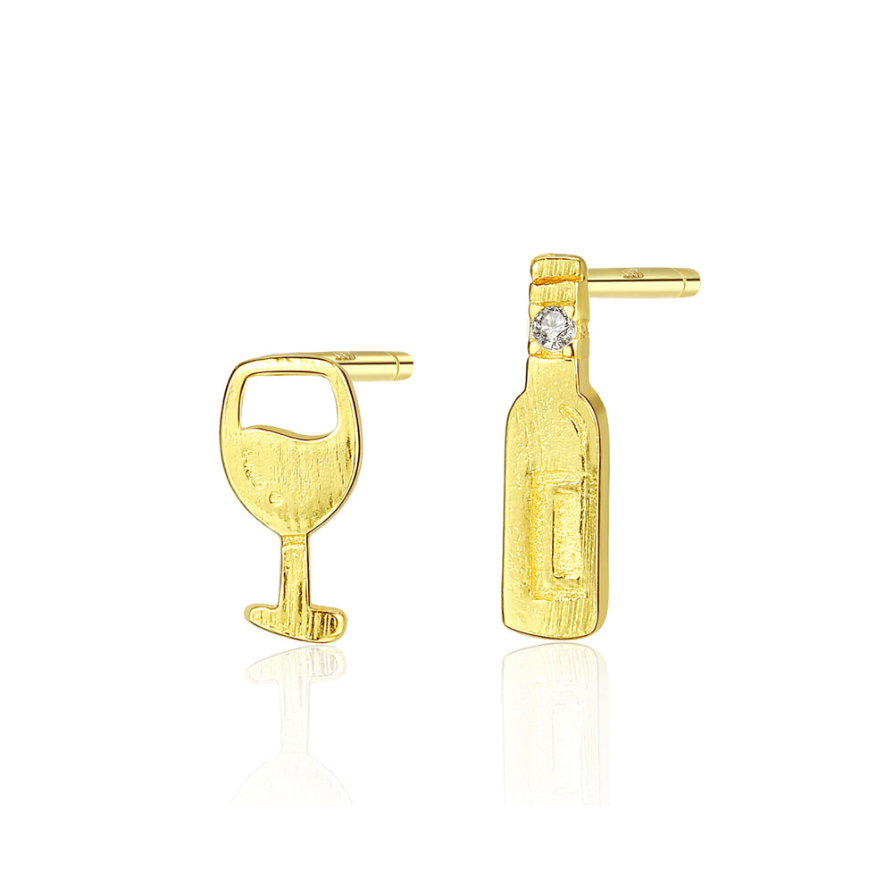 925 Sterling Silver Plated Gold Simple Personality Wine Bottle Wine Glass Asymmetric Earrings with Cubic Zirconia