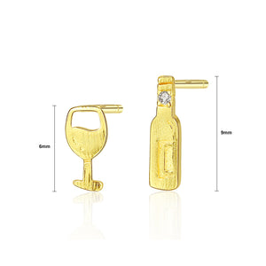 925 Sterling Silver Plated Gold Simple Personality Wine Bottle Wine Glass Asymmetric Earrings with Cubic Zirconia