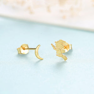 925 Sterling Silver Plated Gold Simple Personality Witch Asymmetric Stud Earrings