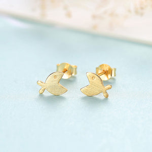 925 Sterling Silver Plated Gold Simple Cute Fish Stud Earrings