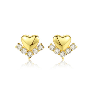 925 Sterling Silver Plated Gold Simple Fashion Heart-shaped Stud Earrings with Cubic Zirconia