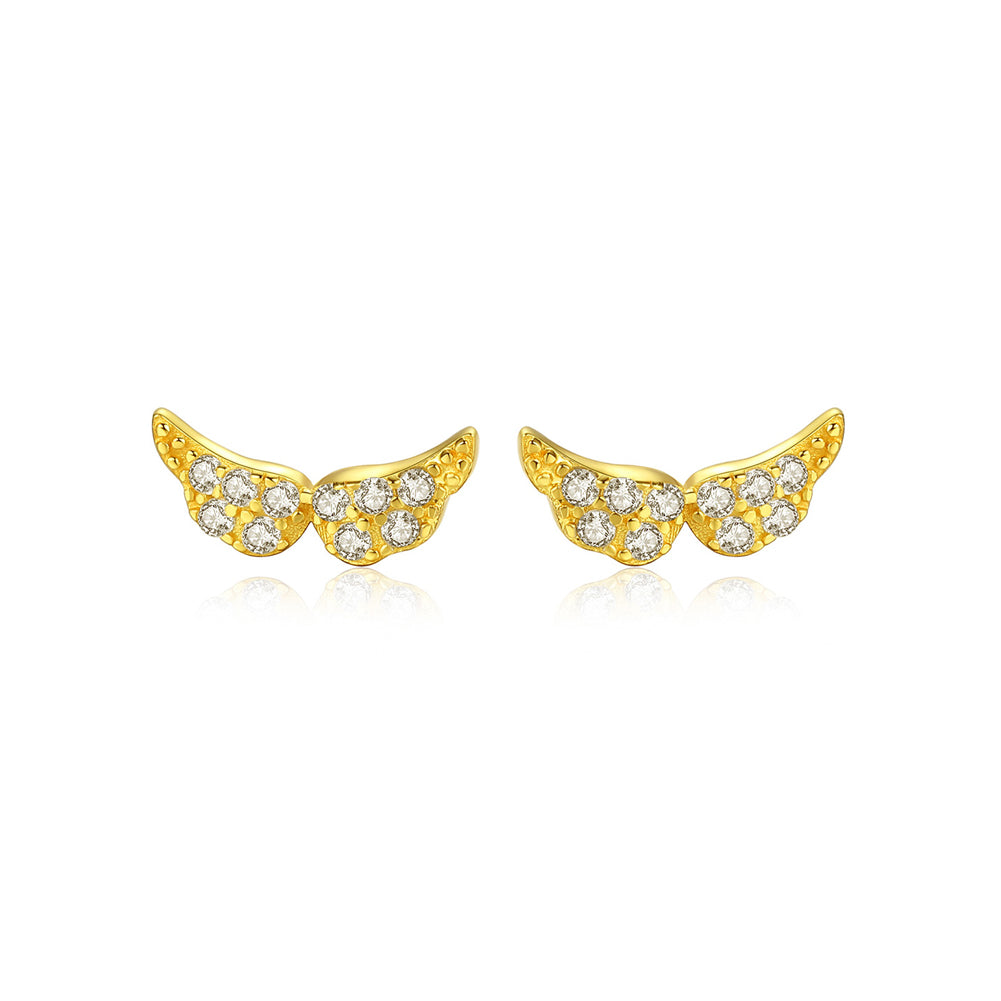 925 Sterling Silver Plated Gold Fashion Bright Wings Cubic Zirconia Stud Earrings