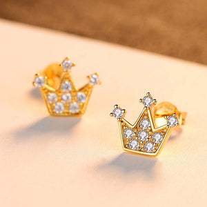 925 Sterling Silver Plated Gold Fashion Personality Crown Cubic Zirconia Stud Earrings