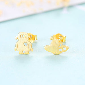 925 Sterling Silver Plated Gold Fashion Creative Alien Spaceship Asymmetric Stud Earrings