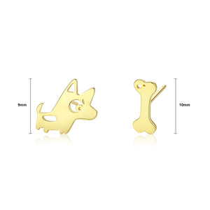 925 Sterling Silver Plated Gold Simple and Cute Puppy Bone Asymmetric Stud Earrings