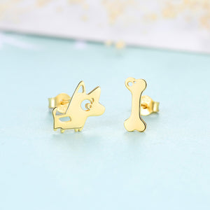 925 Sterling Silver Plated Gold Simple and Cute Puppy Bone Asymmetric Stud Earrings